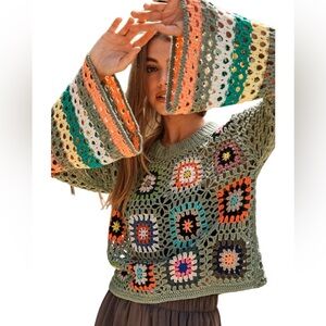 DAVI & DANI Sage Green Granny Square Crochet Top